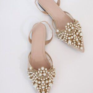 Beige Elegant Women's Faux Pearl & Rhinestone Decor Slingback Flats